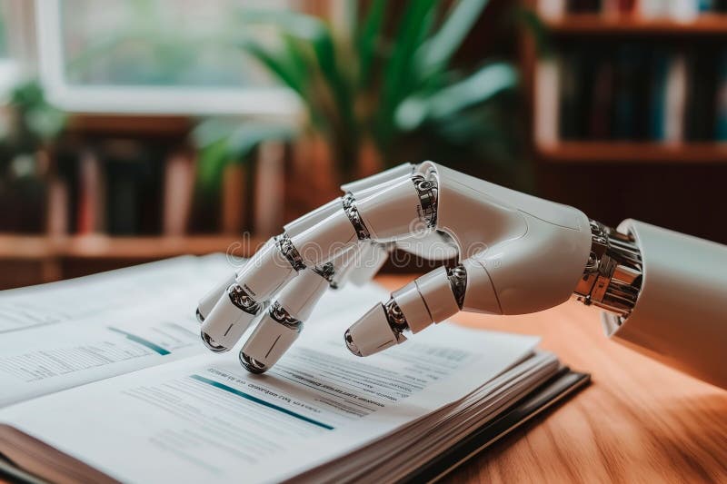 Robot examen manuel des documents dans le cadre du bureau image stock