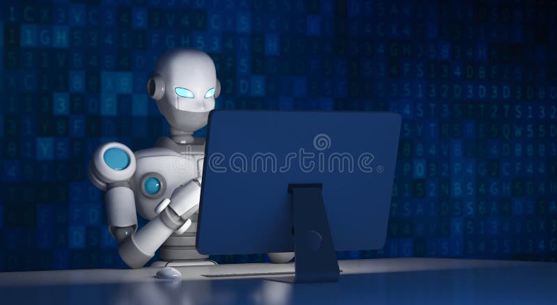 Robot facendo uso di un computer con il codice di dati, intelligenza artificiale illustrazione di stock Robot facendo uso di un computer con il codice di dati, intelligenza artificiale illustrazione di stock