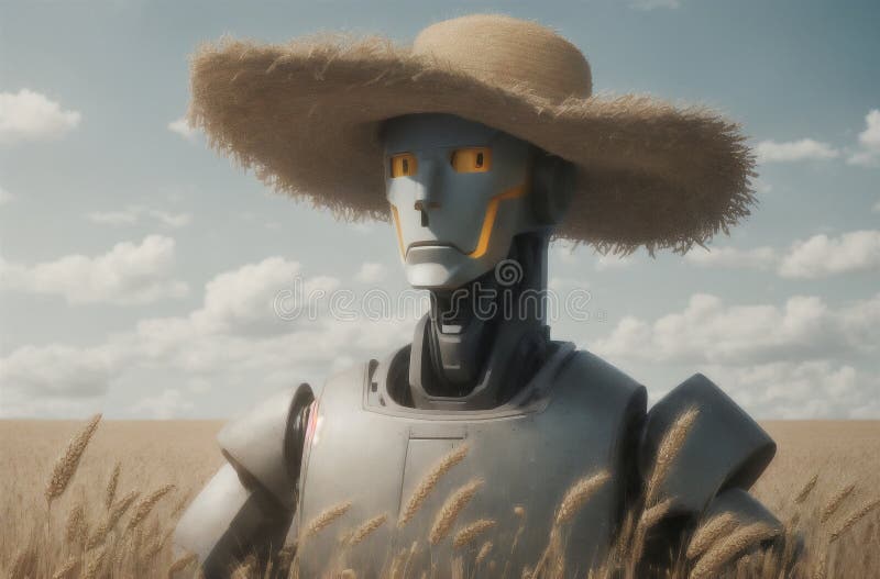 Robot Farmer in Straw Hat. Mechanical Machine in Wheat Field