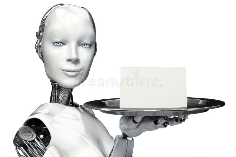 Robot femminile che tiene un vassoio del servizio con una pubblicità della carta in bianco royalty illustrazione gratis Robot femminile che tiene un vassoio del servizio con una pubblicità della carta in bianco royalty illustrazione gratis