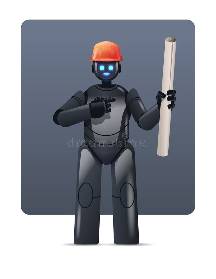 Robot engineer in hardhat holding construction drawings robotic architect with blueprints artificial intelligence stock illustration