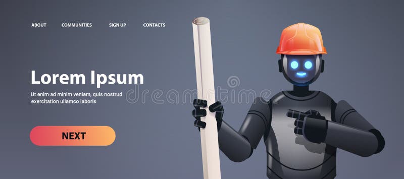 Robot foreman engineer in hardhat holding drawings robotic architect with blueprints artificial intelligence royalty free illustration