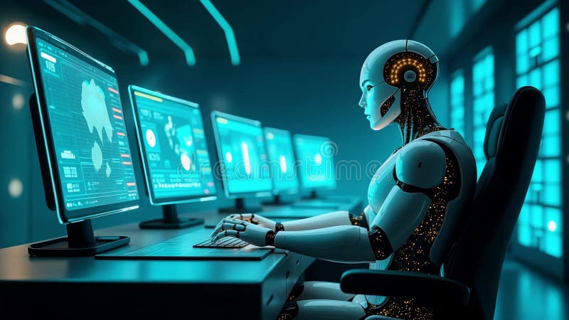 Robot futurist care operează mai multe monitoare în mediul HighTech royalty free illustration