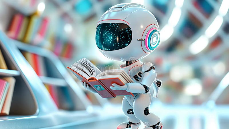 Robot futurist citind o carte într-un cadru de bibliotecă high-tech vector illustration