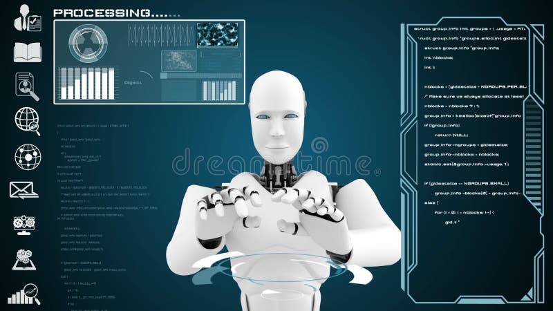 Robot futurist de inteligență artificială CGI mari analize de date și programare royalty free illustration