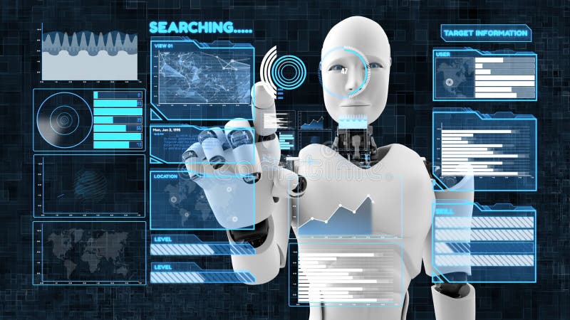 Robot futurist de inteligență artificială CGI mari analize de date și programare stock illustration