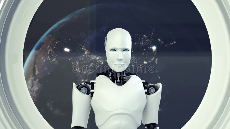 Robot futurist de inteligență artificială CGI în interiorul navei spațiale din universul spațial royalty free illustration