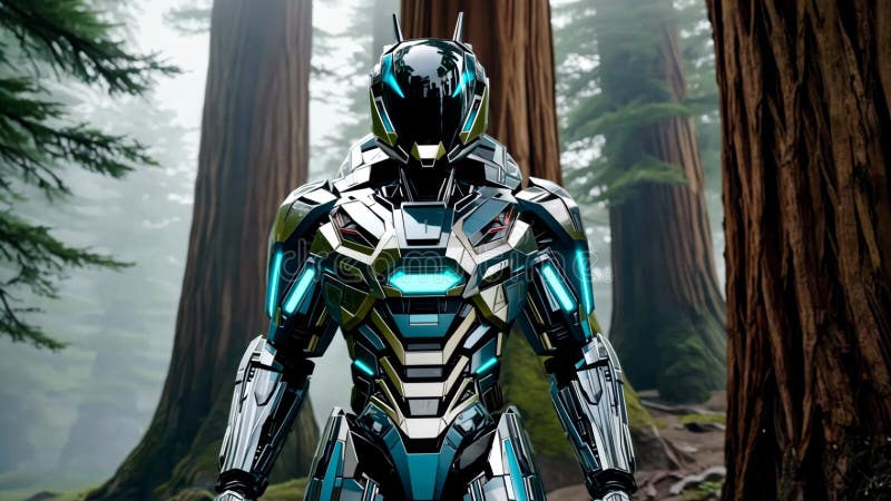 Robot futurist în picioare într-o pădure densă cu copaci înalți vector illustration