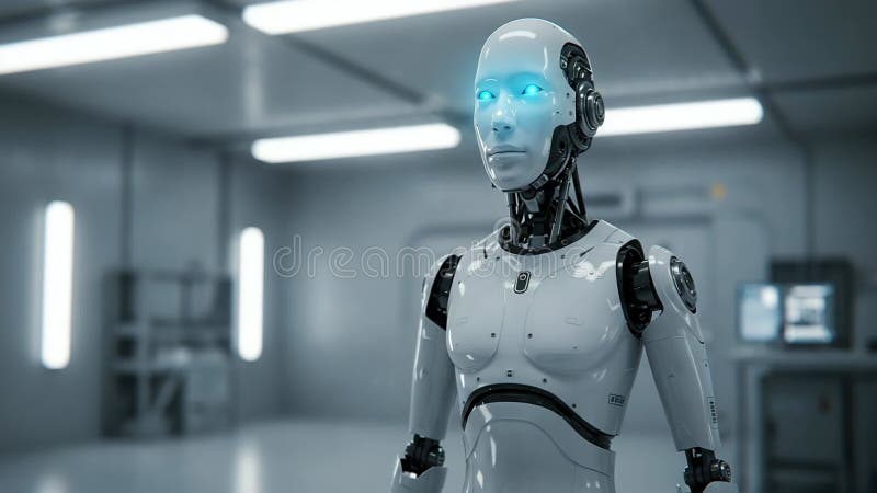 Robot futurist în picioare într-un laborator de înaltă tehnologie cu lumini albastre vector illustration