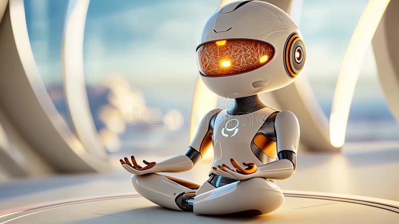 Robot futurista meditando en un ambiente pacífico stock de ilustración