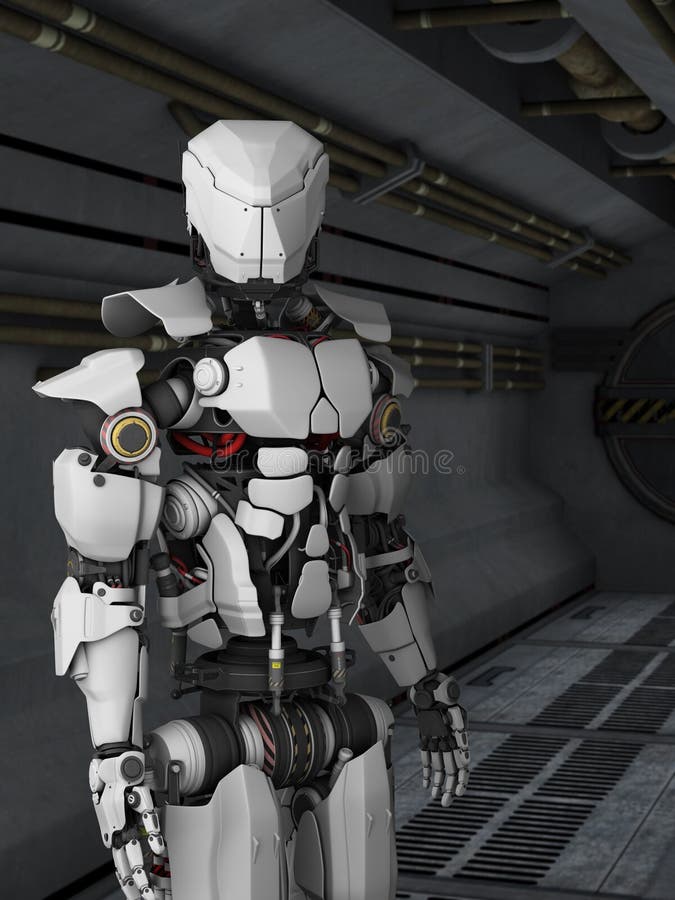 Robot futuriste dans le couloir du sci fi.