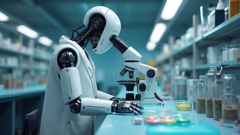 Robot futuristico in cappotto di laboratorio che esamina i piatti di Petri sotto microscopio occhi guidati sterili laboratorio illustrazione di stock