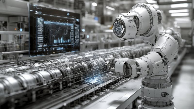 Robot futuristico che ispeziona la linea di produzione automatica illustrazione vettoriale