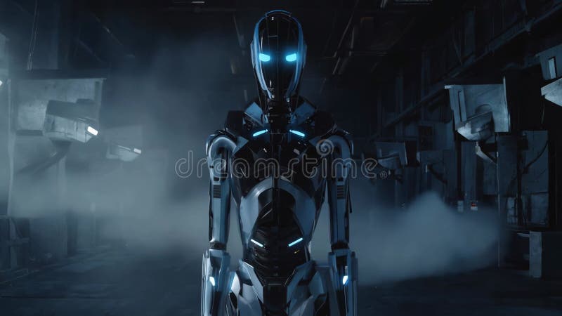 Robot futuristico con occhi azzurri brillanti in un ambiente industriale scuro pieno di nebbia stock footage