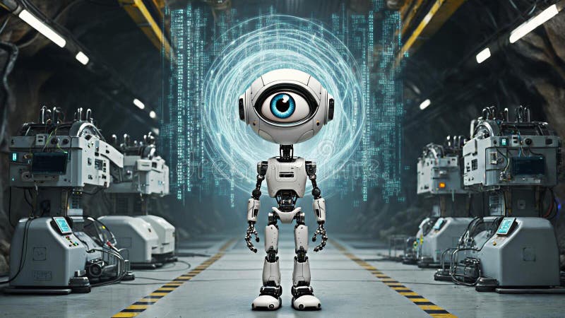 Robot futuristico con un solo occhio in fabbrica con sfondo digitale a matrice royalty illustrazione gratis