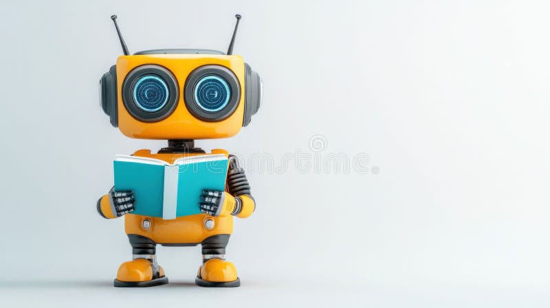 Robot gialli che legge un libro su sfondo bianco. aizione generativa illustrazione vettoriale