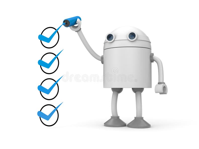 Robot and green checkmarks. Checklist metaphor stock illustration