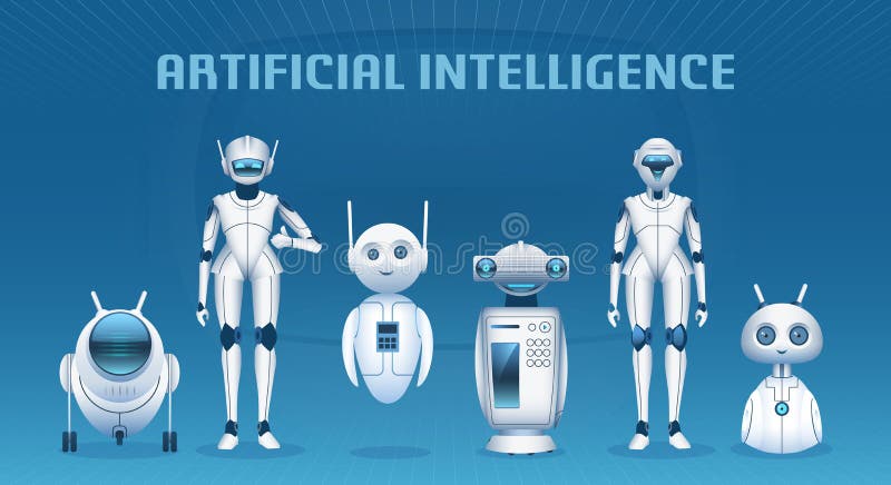 Robot group. Cartoon modern artificial intelligence characters, androids and robots mascots. Futuristic technology royalty free illustration