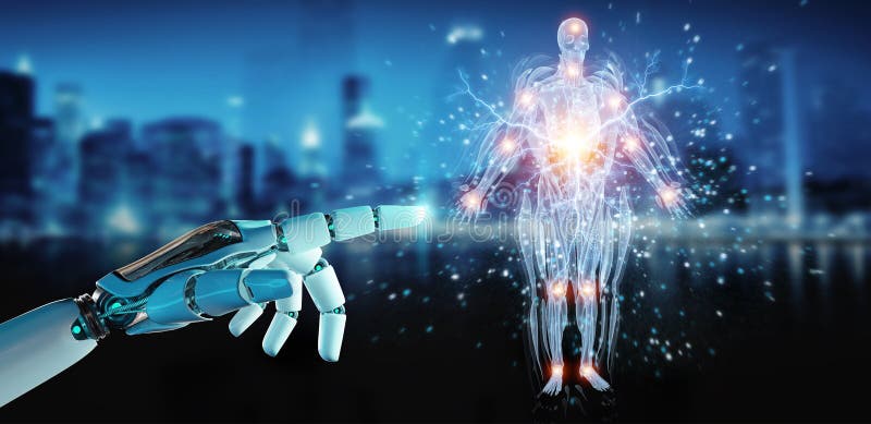 Robot hand using digital x-ray human body holographic scan projection 3D rendering stock photography