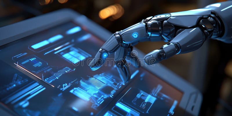 Robot Hand on Computer Screen. Robot s hand is gently touching computer screen, perfect for illustrating human-robot interaction or AI technology AI generated