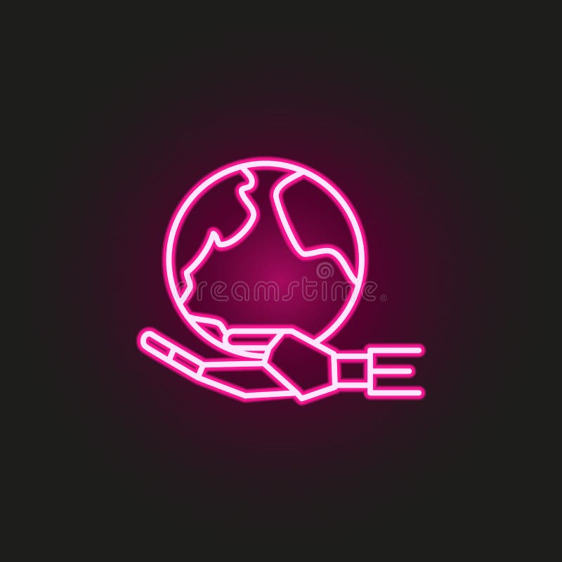 Robot hand globe neon style icon. Simple thin line, outline vector of robo icons for ui and ux, website or mobile application on dark gradient background