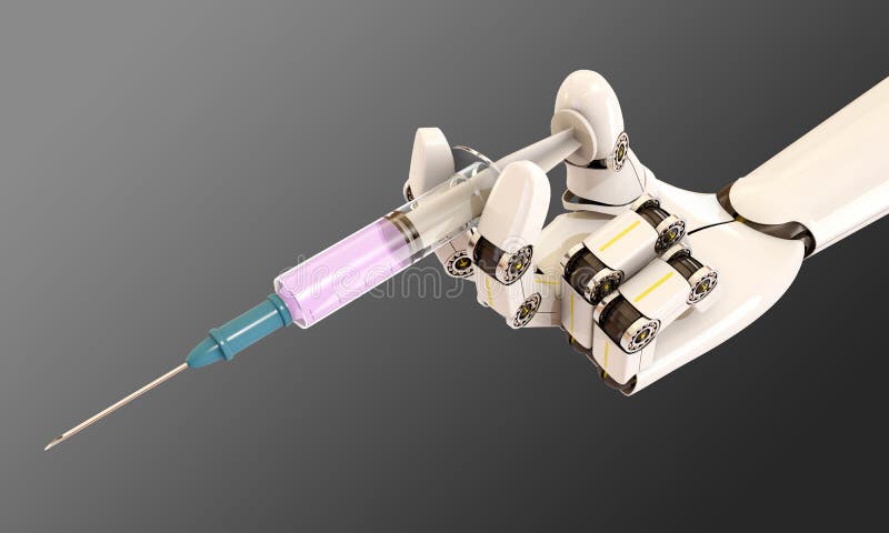 Robot hand holding syringe