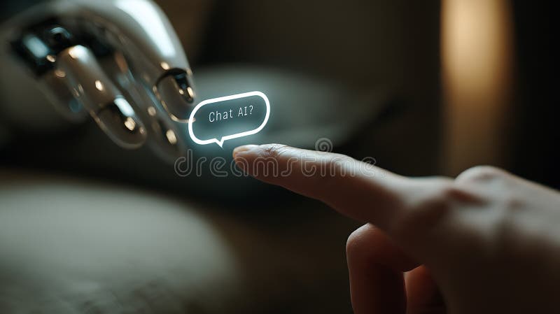 Robot hand and human finger touching over chat ai speech bubble generative technology future royalty free illustration