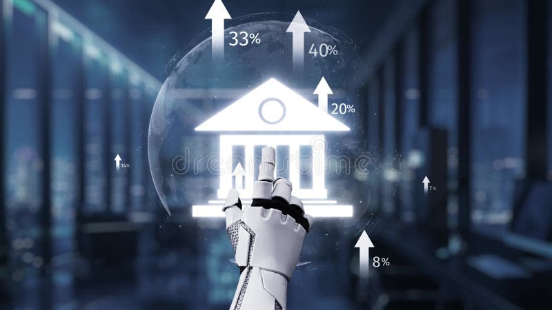 Robot Hand Interacting with Financial Data and Banking Symbols in a Modern Office Environment with Digital Analytics royalty free illustration