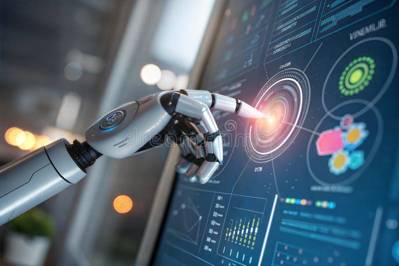 Robot Hand Interaction with Futuristic Interface. Eine Roboterhand interagiert mit einer holografischen Anzeige, die Daten und Graphen zeigt, die KI und Technologie darstellen