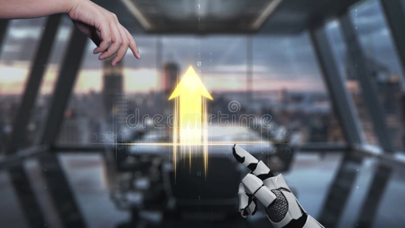 Futuristic Robot Hand Interacting with Financial Data and Growing Graph in Modern Office with Cityscape Background stock illustration