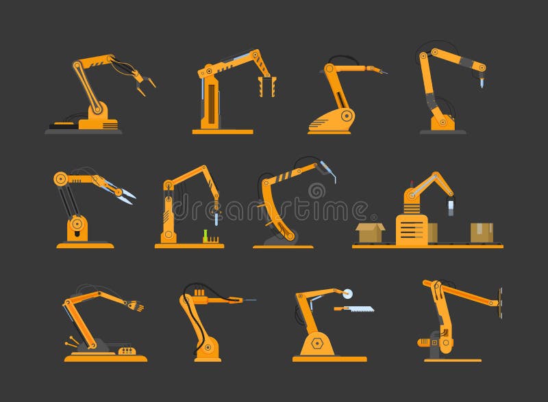Robot hand mechanical manipulator set. Automated robotic arms industrial hydraulic machine royalty free illustration