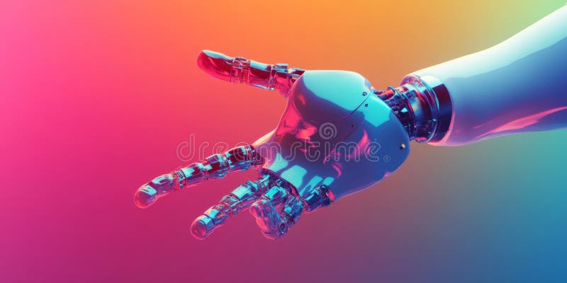 A robot hand is shown in a colorful background royalty free illustration