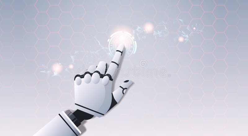 Robot hand touching abstract virtual user interface touchscreen artificial intelligence digital futuristic technology royalty free illustration Robot hand touching abstract virtual user interface touchscreen artificial intelligence digital futuristic technology royalty free illustration