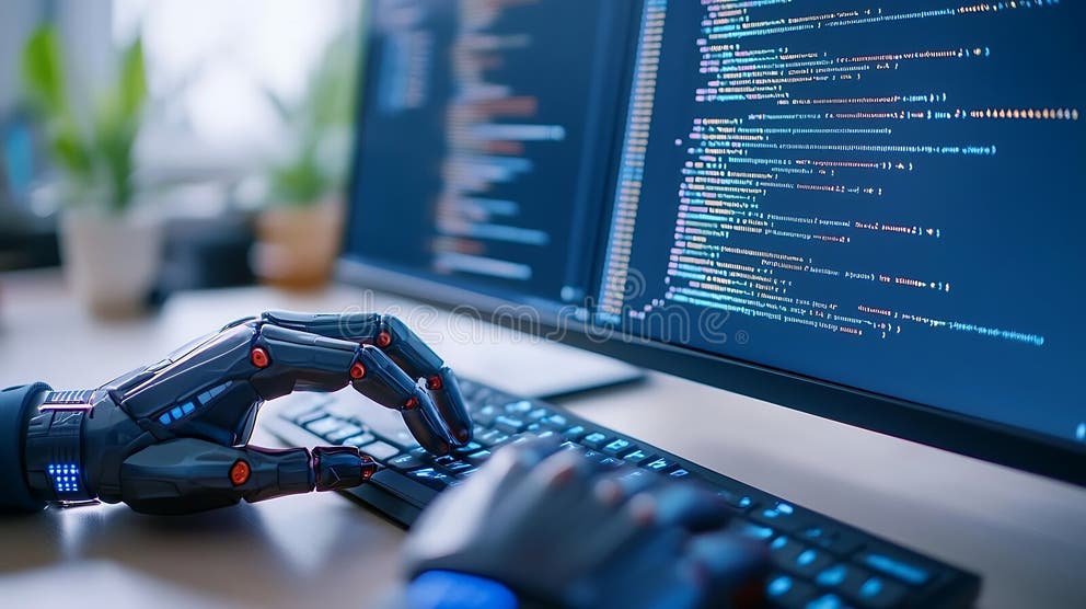 Robot Hand Typing on Computer Keyboard with Coding on Screen Stock ...