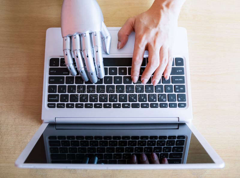 Robot hands and fingers point to laptop button advisor chatbot robotic artificial intelligence