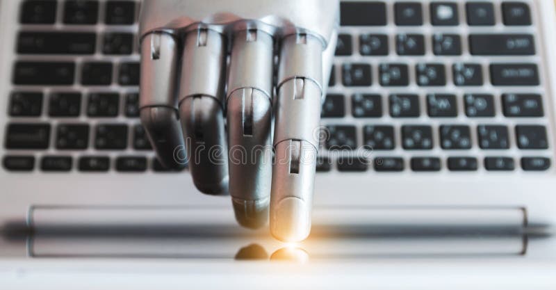 Robot hands and fingers point to laptop button advisor chatbot robotic artificial intelligence concept with light royalty free stock photos Robot hands and fingers point to laptop button advisor chatbot robotic artificial intelligence concept with light royalty free stock photos