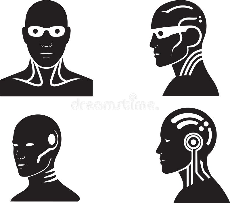 Robot head vector showing cyborg futuristic face view in different angles royalty free illustration