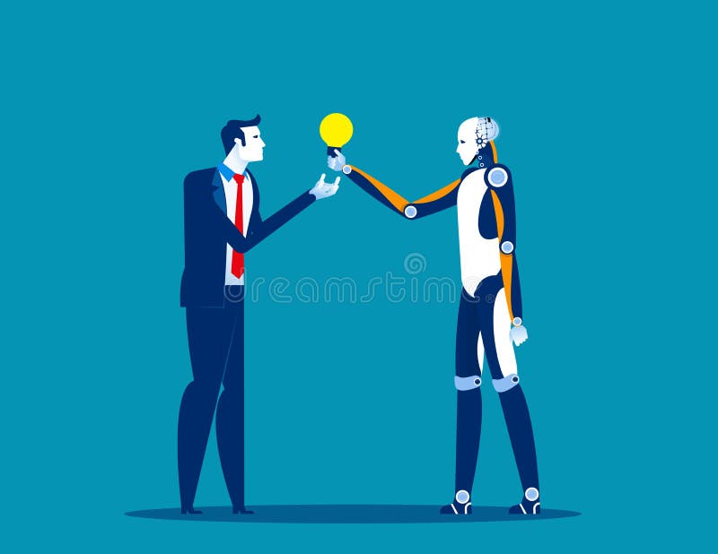 Robot help businessman make solution. Concept business vector illustration, Automation, Artificial stock illustration Robot help businessman make solution. Concept business vector illustration, Automation, Artificial stock illustration