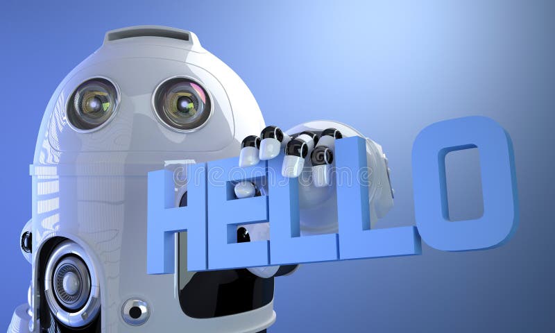 Robot holding HELLO sign. Technology concept. vector illustration