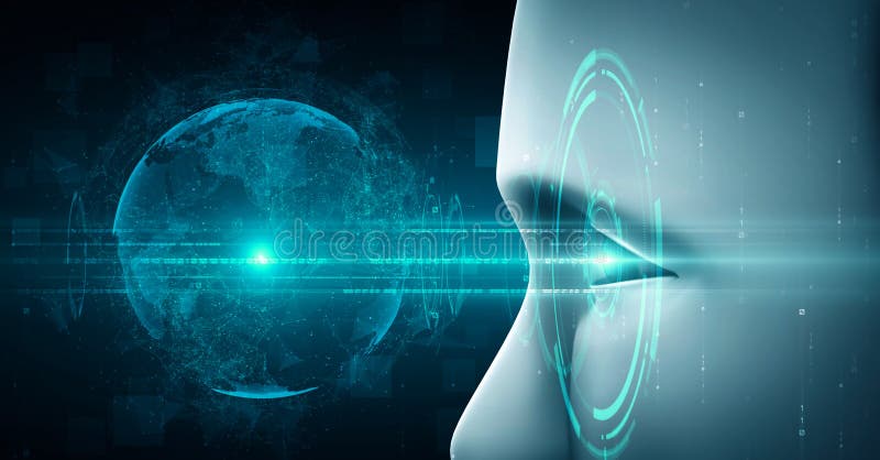 Robot hominoid face close up with graphic concept of AI thinking brain vector illustration