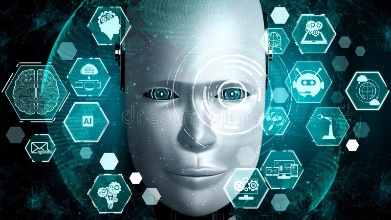 Robot hominoid face close up with graphic concept of AI thinking brain stock illustration