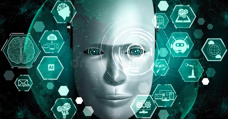 Robot hominoid face close up with graphic concept of AI thinking brain stock illustration