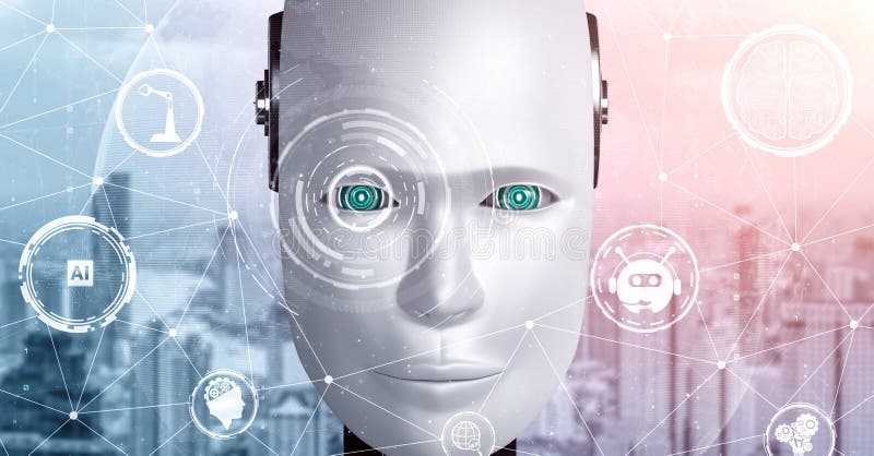 Robot hominoid face close up with graphic concept of AI thinking brain royalty free illustration