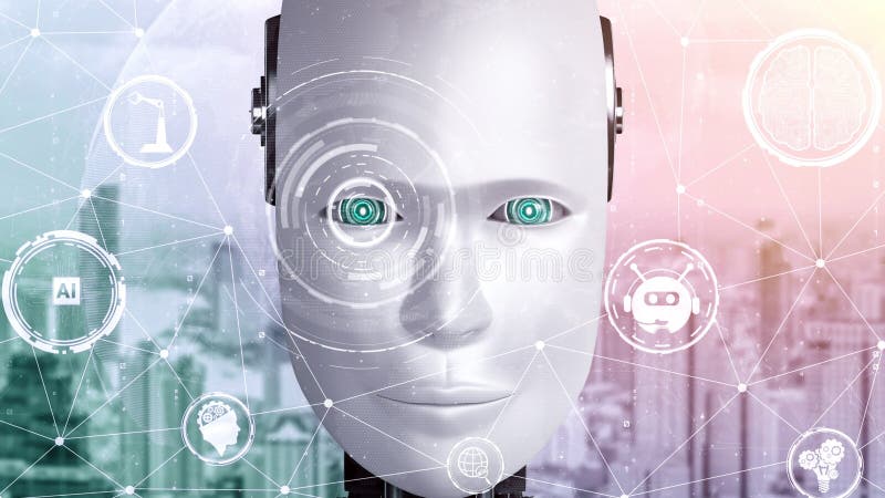 Robot Hominoid Face Close Up With Graphic Concept Of Ai Thinking Brain Robot Hominoid Face Close Up With Graphic Concept Of Ai Thinking Brain