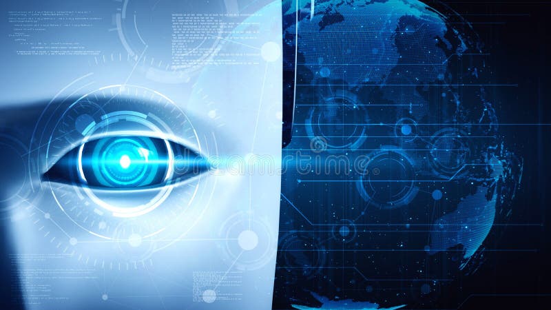 Robot hominoid face close up with graphic concept of big data analytic stock illustration