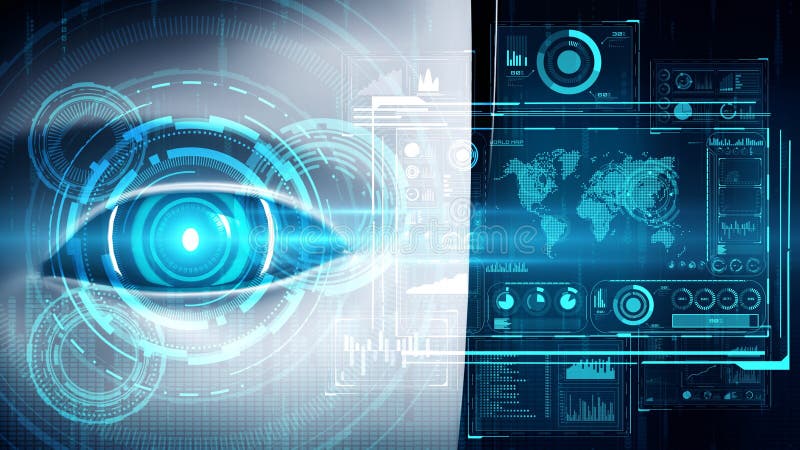 Robot hominoid face close up with graphic concept of big data analytic stock illustration