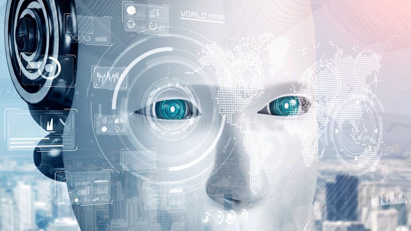 Robot hominoid face close up with graphic concept of big data analytic stock illustration
