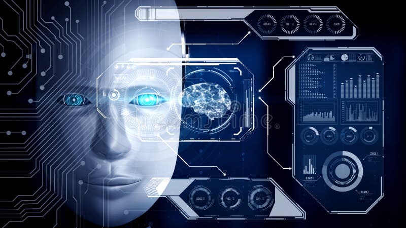 Robot hominoid face close up with graphic concept of big data analytic stock illustration