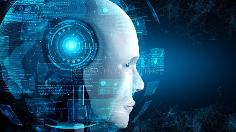 Robot hominoid face close up with graphic concept of big data analytic vector illustration