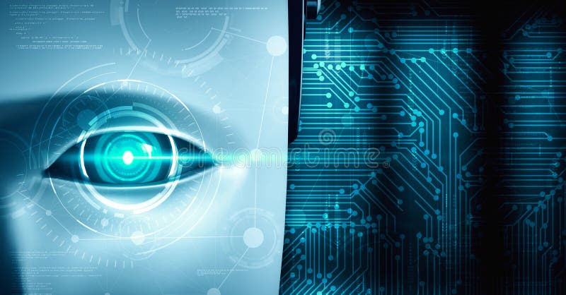 Robot hominoid face close up with graphic concept of big data analytic stock illustration